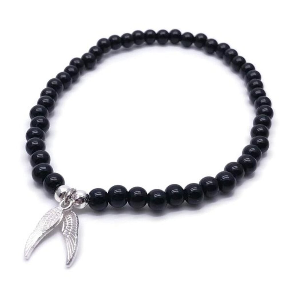 Angel Wings Charm Anklet with 6mm Black Acrylic Beads on Elastic - Size M 10